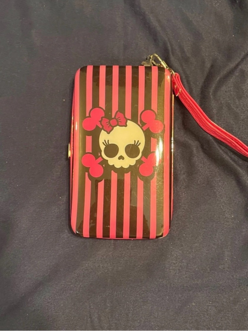 Y2K Pink & Black Striped Skull Hard-Case Phone Wristlet